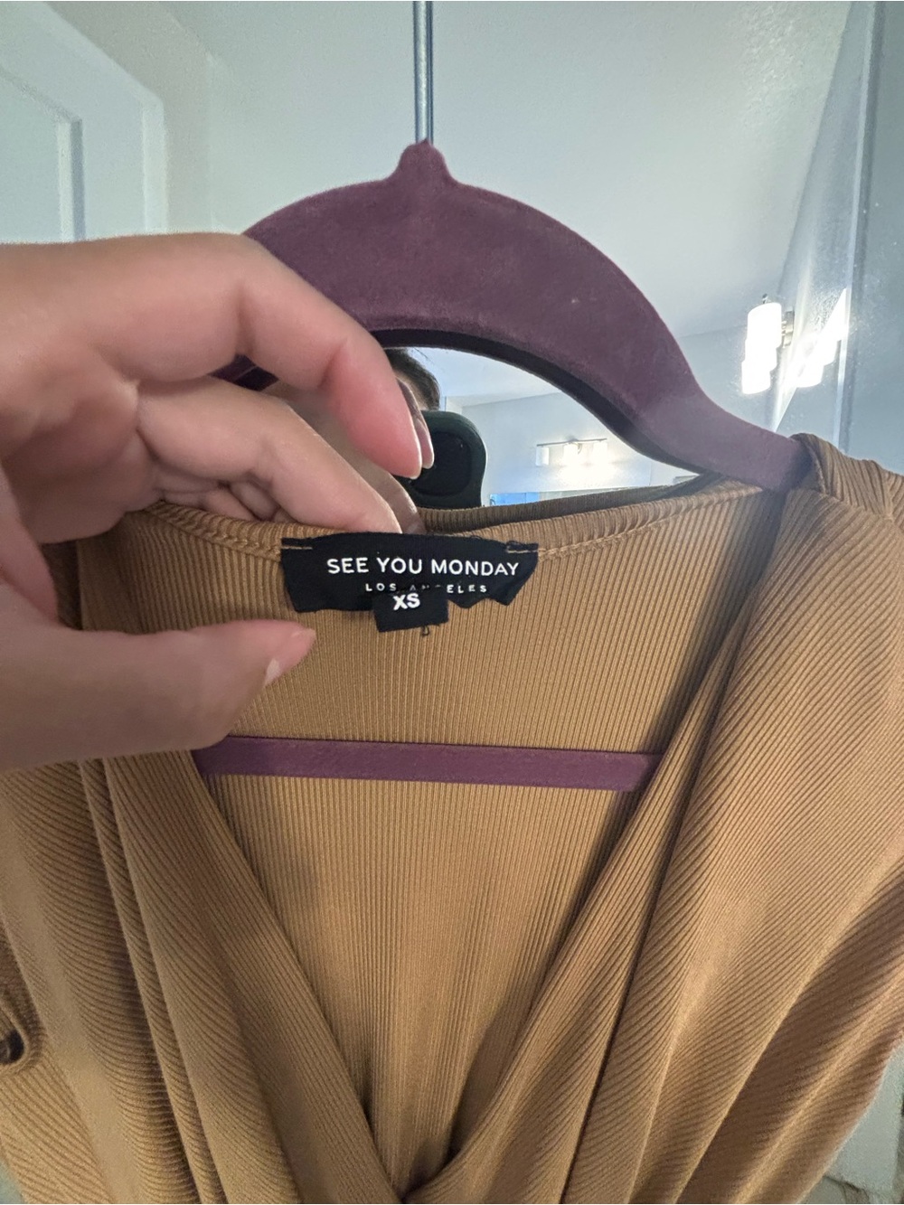 SEE YOU MONDAY Ribbed V-Neck Top in Camel